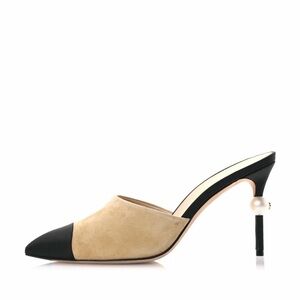 Chanel Beige and Black suede mules with Pearl Detail
